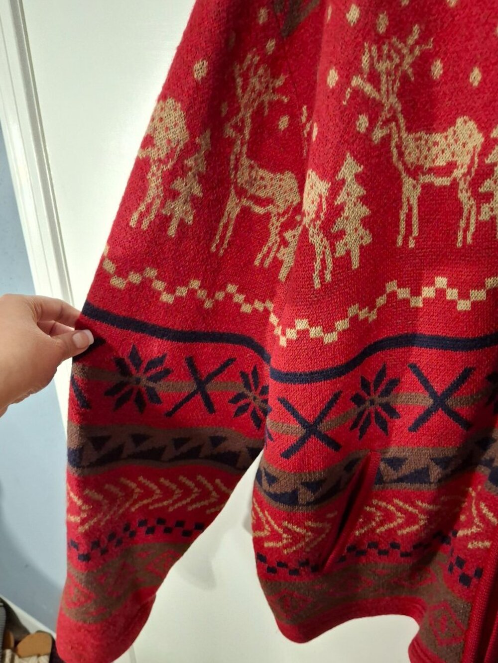 Vintage Venezia Jeans 100% Wool Red Reindeer Zip Up Sweater Jacket 26/28 Holiday - Picture 5 of 7